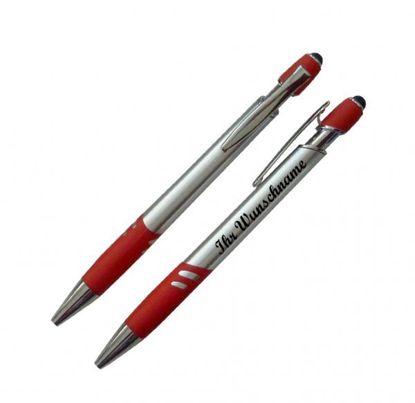 10x Touchpen Kugelschreiber mit Namensgravur - Farbe: silber-rot