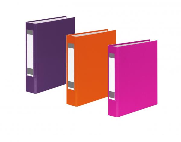 3x Ringbuch mit Rückenschild / DIN A5 / 2-Ring / je 1x lila, orange und pink