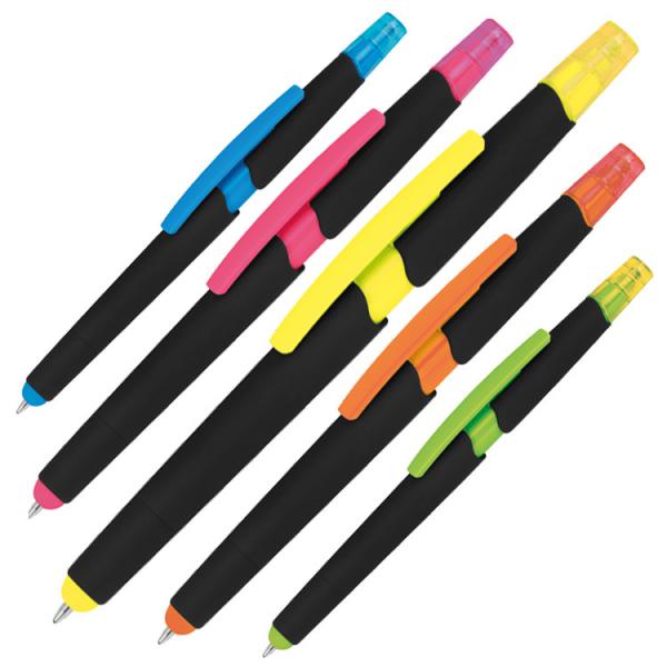 5 Touchpen Kugelschreiber mit Textmarker / 5 verschiedene Farben