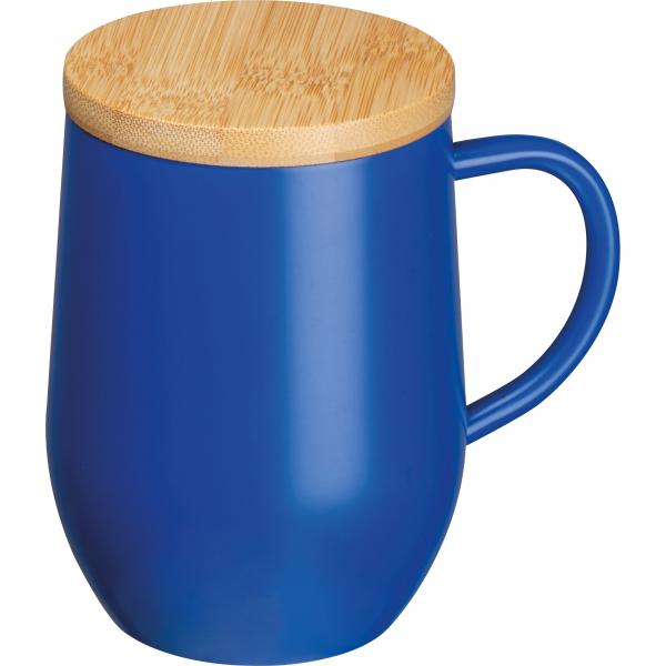 Doppelwandige Edelstahl-Tasse mit Bambusdeckel / 350ml / Farbe: blau