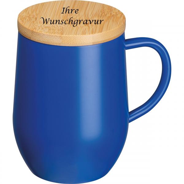 Doppelwandige Edelstahl-Tasse mit Bambusdeckel mit Gravur / 350ml / Farbe: blau