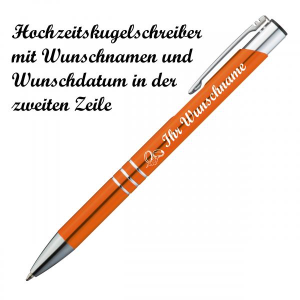 Kugelschreiber mit Namensgravur "Hochzeit" - aus Metall - Farbe: orange