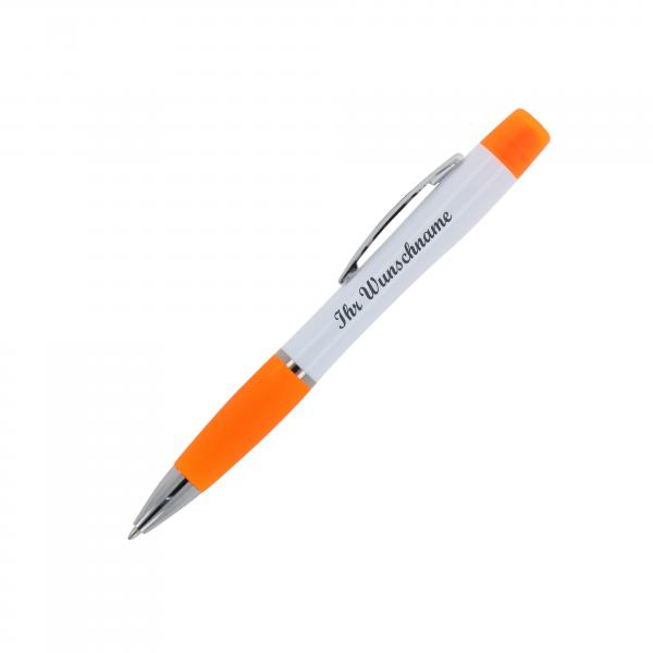 Kugelschreiber mit Namensgravur/ mit dreifarbigen Textmarker / weiß-orange