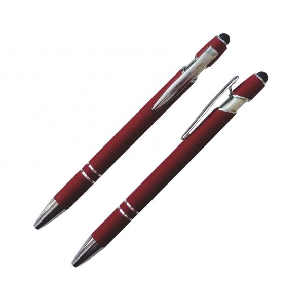 Touchpen-Kugelschreiber aus Metall / gummiert / Farbe: rot