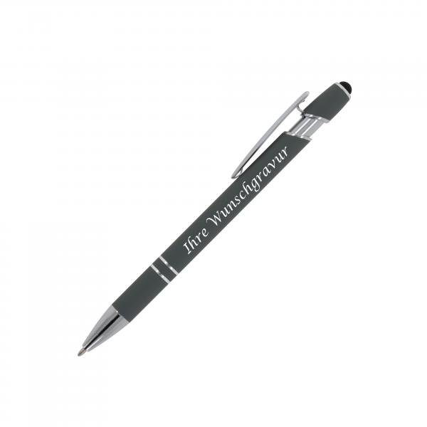 Touchpen Kugelschreiber mit Gravur / aus Metall / Soft-Touch / Farbe: grau