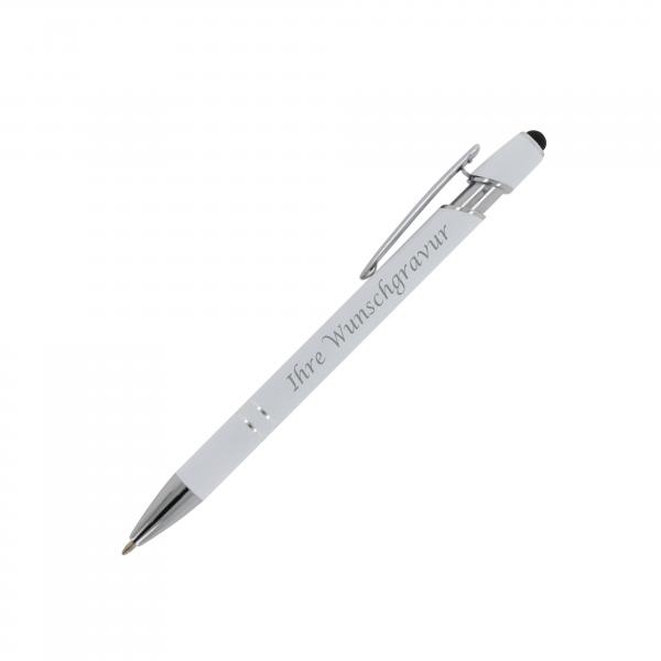 Touchpen Kugelschreiber mit Gravur / aus Metall / Soft-Touch / Farbe: weiß