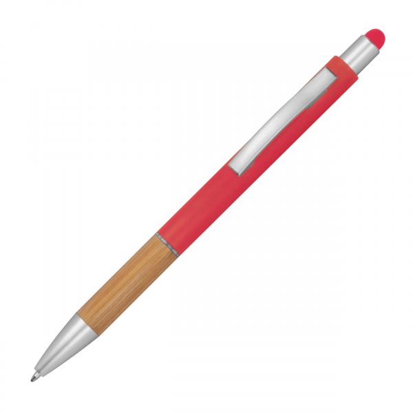 Touchpen Kugelschreiber mit Namensgravur - mit Bambusgriffzone - Farbe: rot