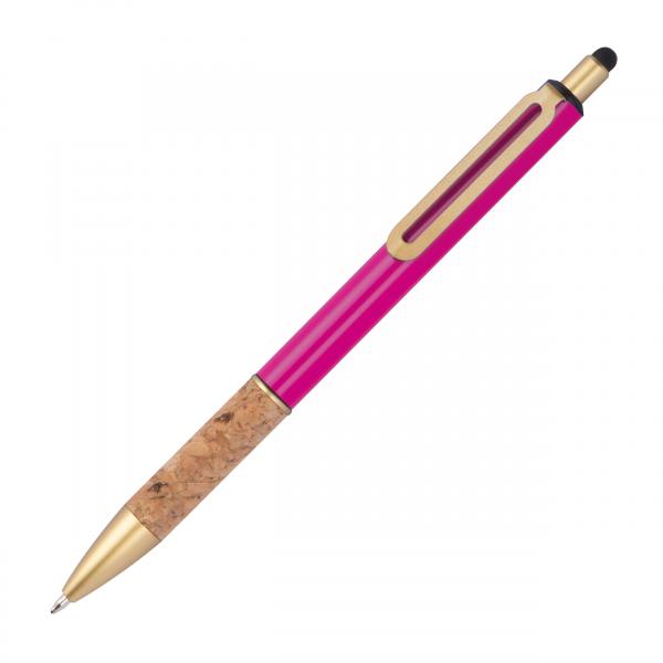 Touchpen Metall-Kugelschreiber mit Namensgravur - mit Korkgriffzone - pink