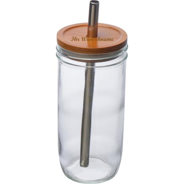 Trinkbecher aus Glas mit Namensgravur - mit Bambusdeckel und Trinkhalm - 650ml