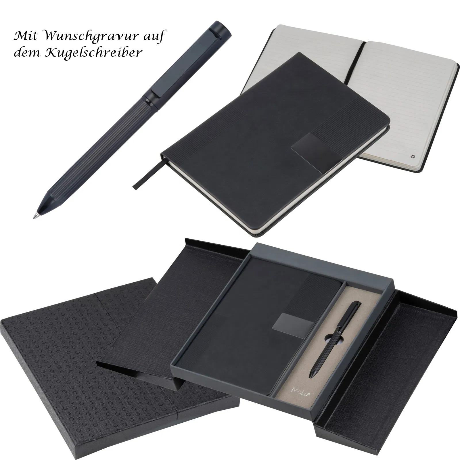 Edles Geschenkset "Molu" mit Gravur / bestehend aus Kugelschreiber und Notizbuch