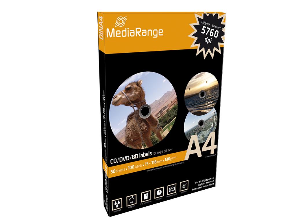 100 MediaRange CD DVD BD-R Etiketten 50 Blatt 118 x 15