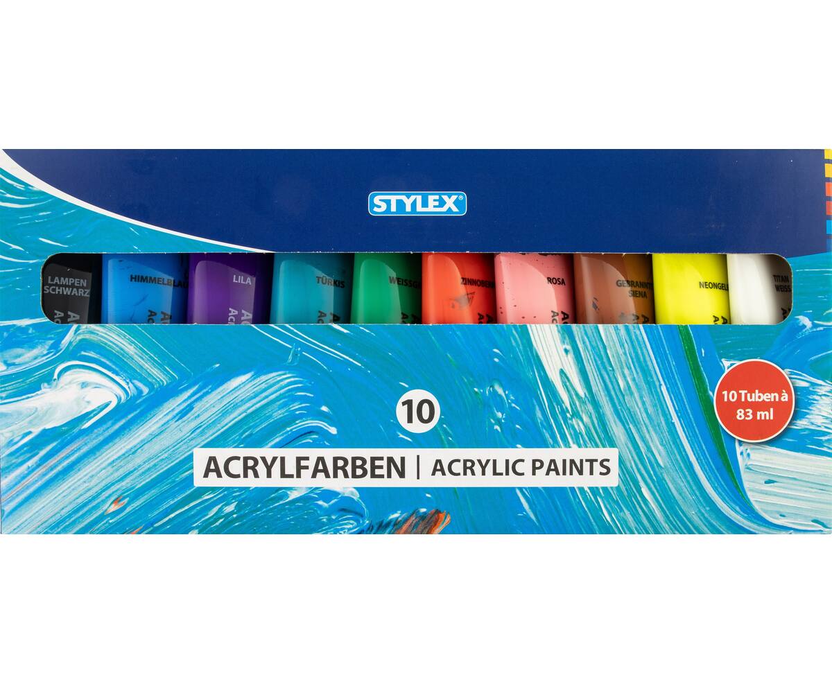 10 Flaschen Acrylfarbe / Set mit 10 Farben / 83ml je Tube / im Geschenkkarton