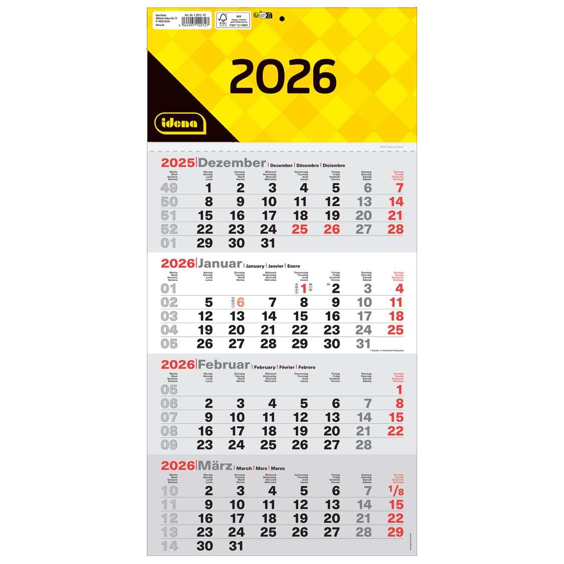 Monatskalender 2026 / 4-Monatskalender / Bürokalender / Wandkalender