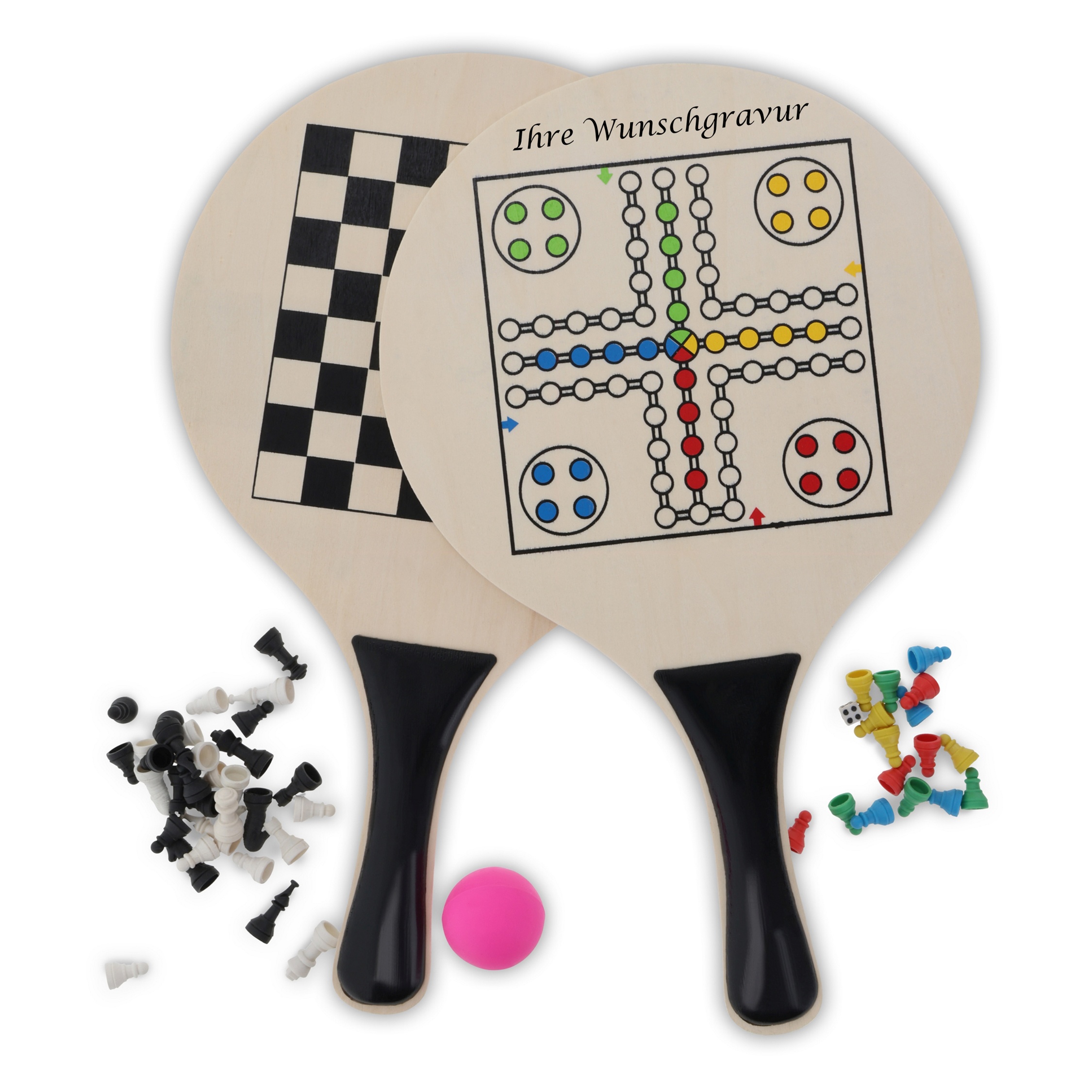 Beachball Set mit aufgedrucktem Ludo und Schachspiel mit Gravur