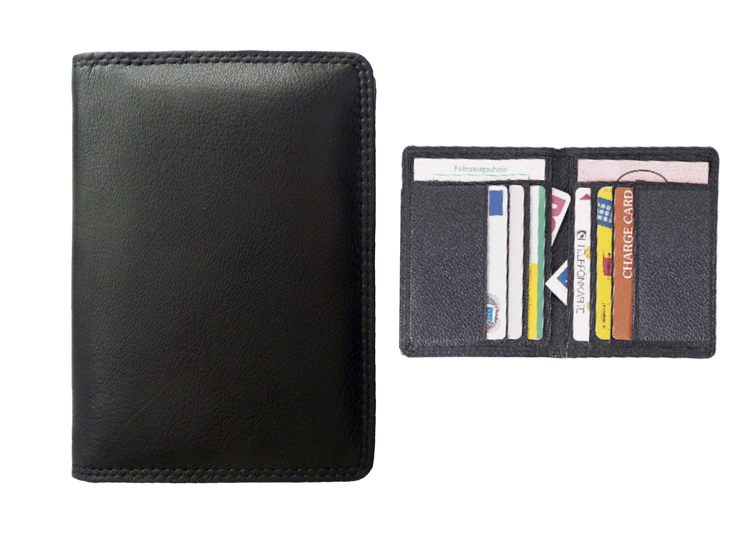 Leder-Ausweistasche / KFZ Schein Schutzhülle mit Kreditkartenfächer / schwarz
