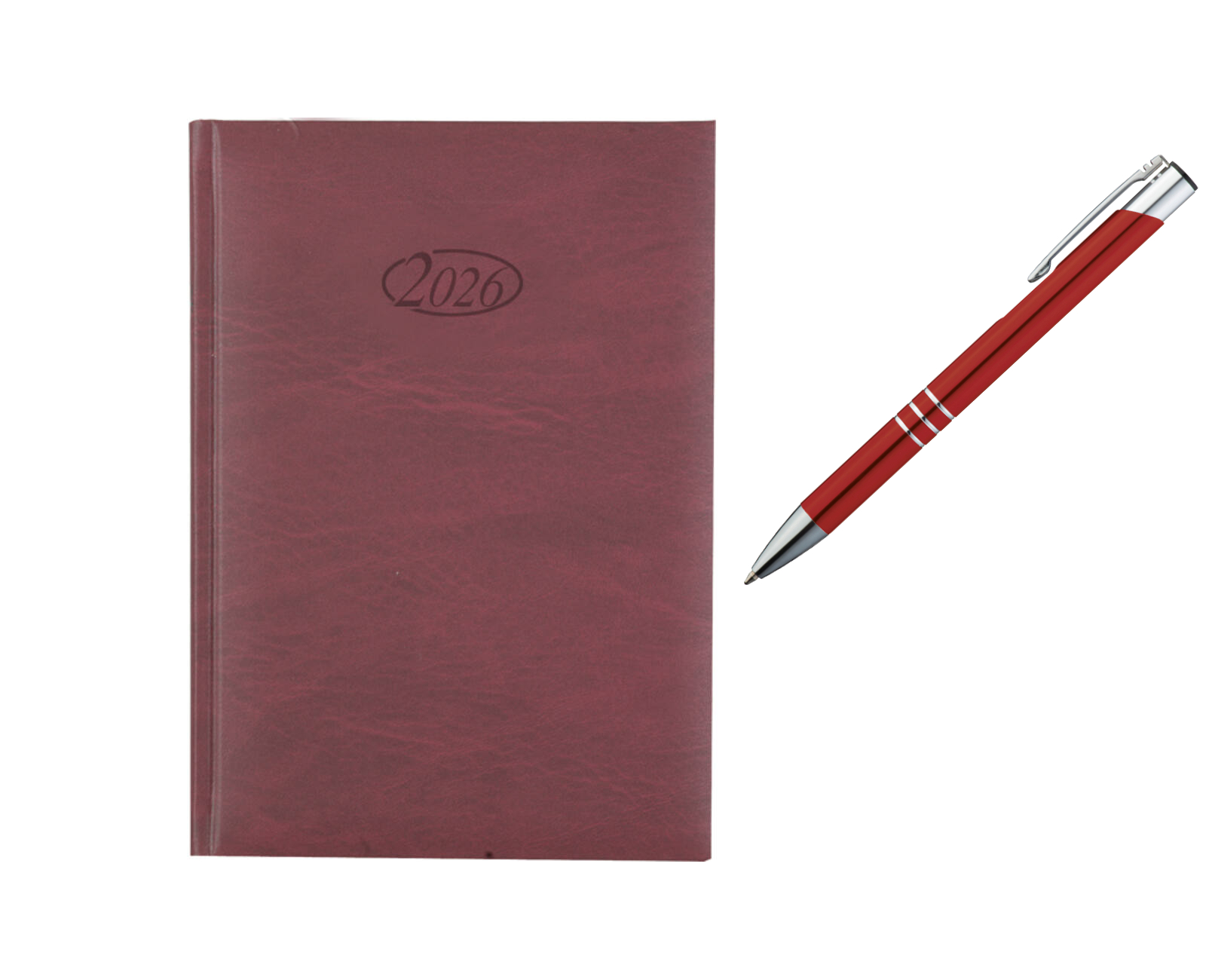 Buchkalender 2026 / Chefkalender / Farbe: bordeaux + Metallkugelschreiber