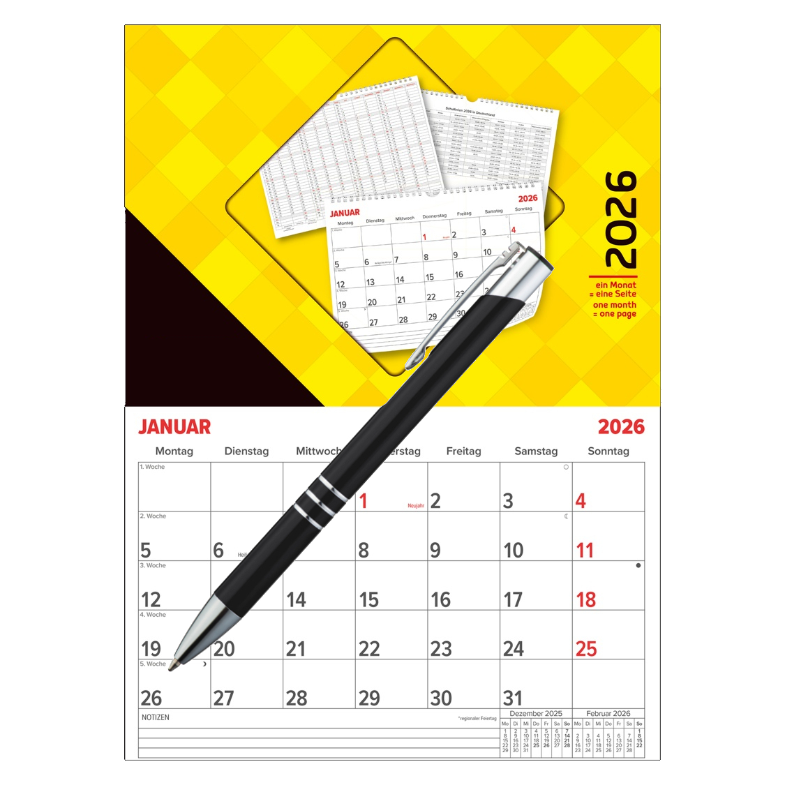 Monatskalender 2026 / DIN A4 / Monatsterminplaner / Wandkalender + Kgelschreiber