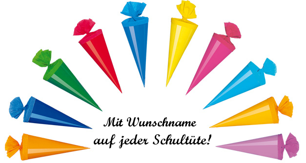 10 Deko Schultüten mit Namensgravur - 15cm - 10 verschiedene Farben