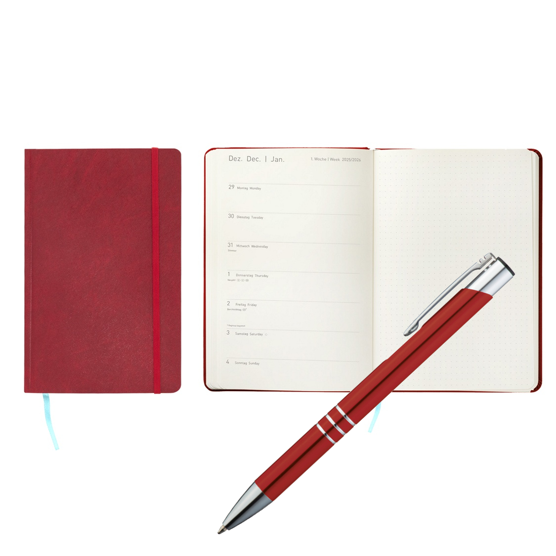 Agenda Buchkalender 2026 / ca. DIN A6 / Farbe: rot + Metallkugelschreiber
