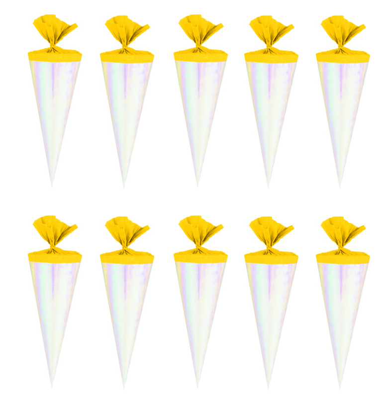 10 Deko Schultüten / Länge: 12cm / Farbe: rose' mit gelben Krepp