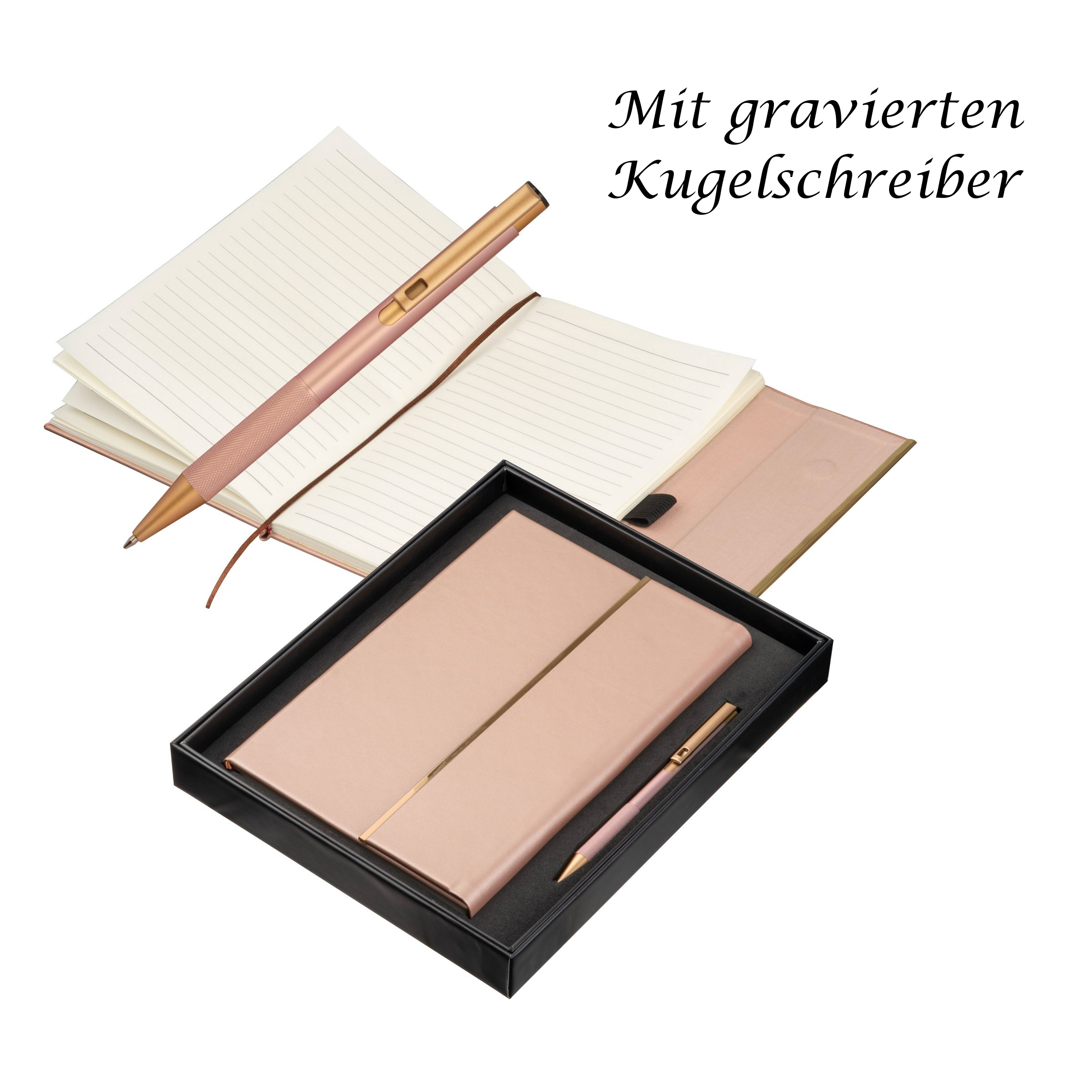 Edles Set mit Notizbuch und Kugelschreiber mit Gravur / Geschenkkarton / Kupfer