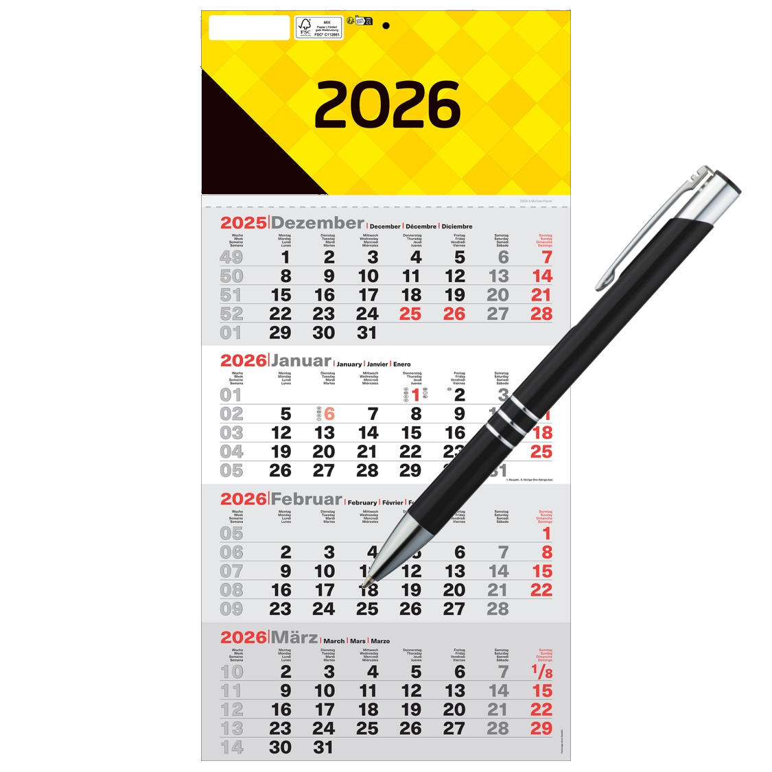 Monatskalender 2026 / 4-Monatskalender / Wandkalender + Metallkugelschreiber