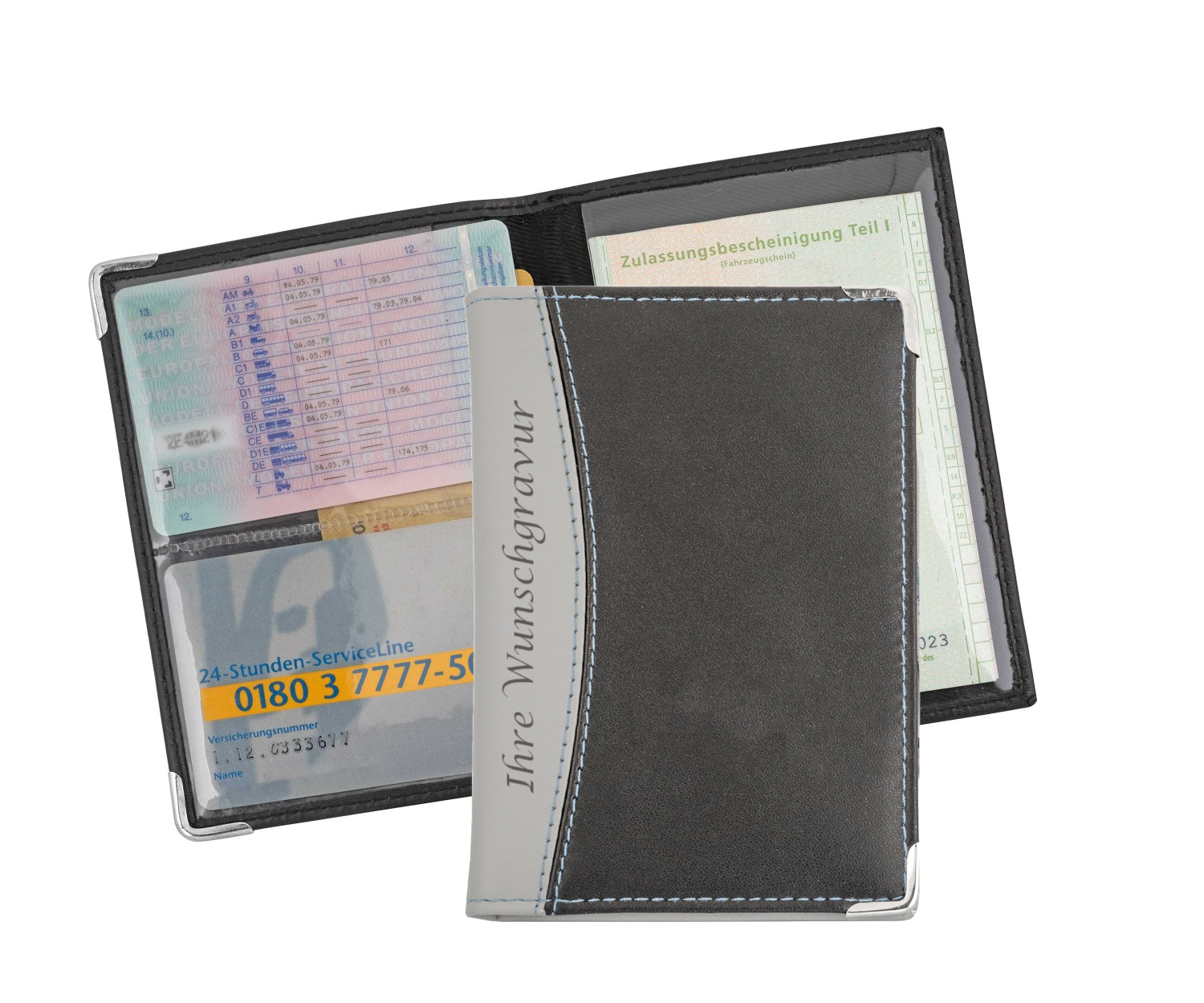 Ausweistasche mit Gravur / KFZ Schein Schutzhülle / Farbe: schwarz-grau