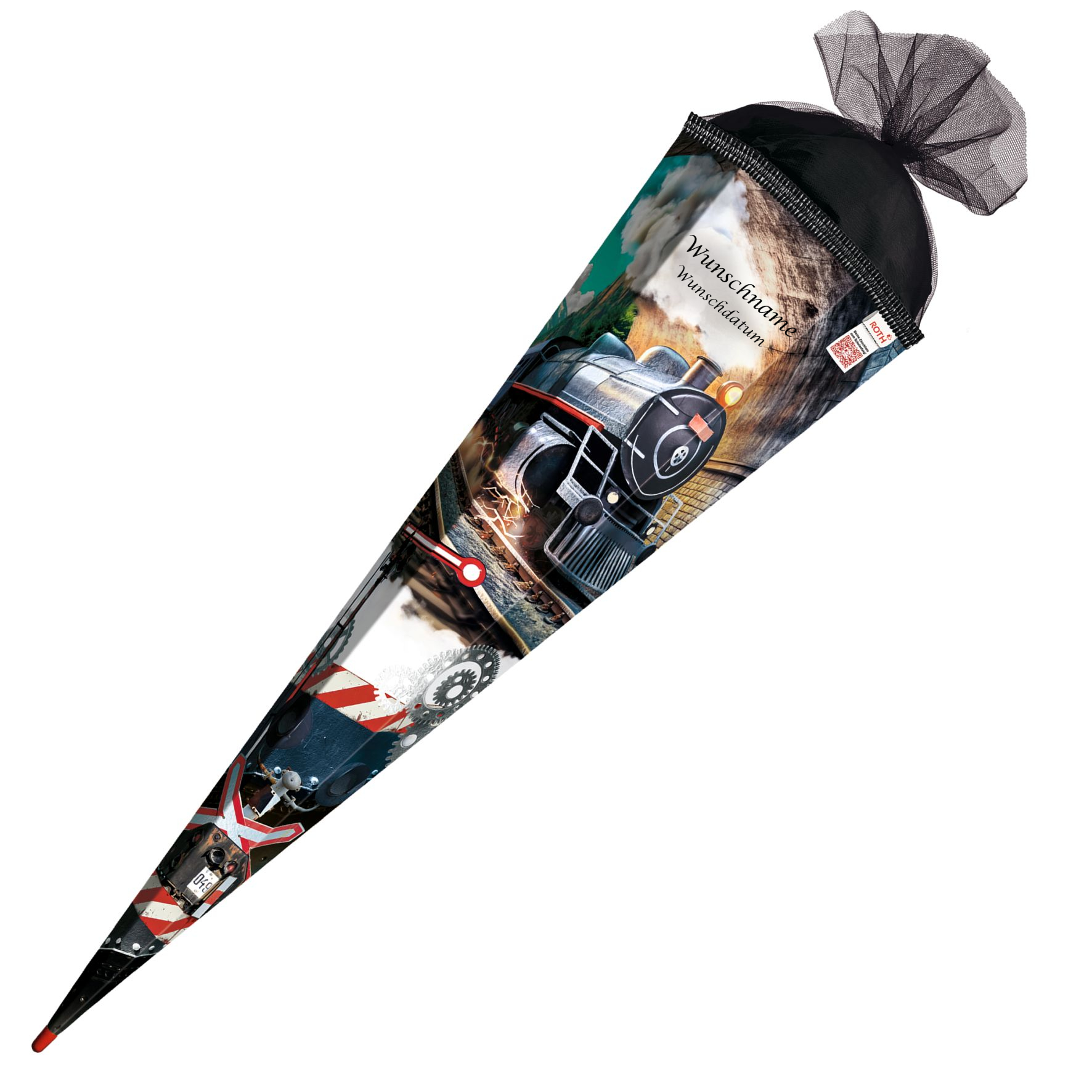 Schultüte mit Gravur / Zuckertüte / 85cm / eckig / mit Glitzerborte / "Dampflok"