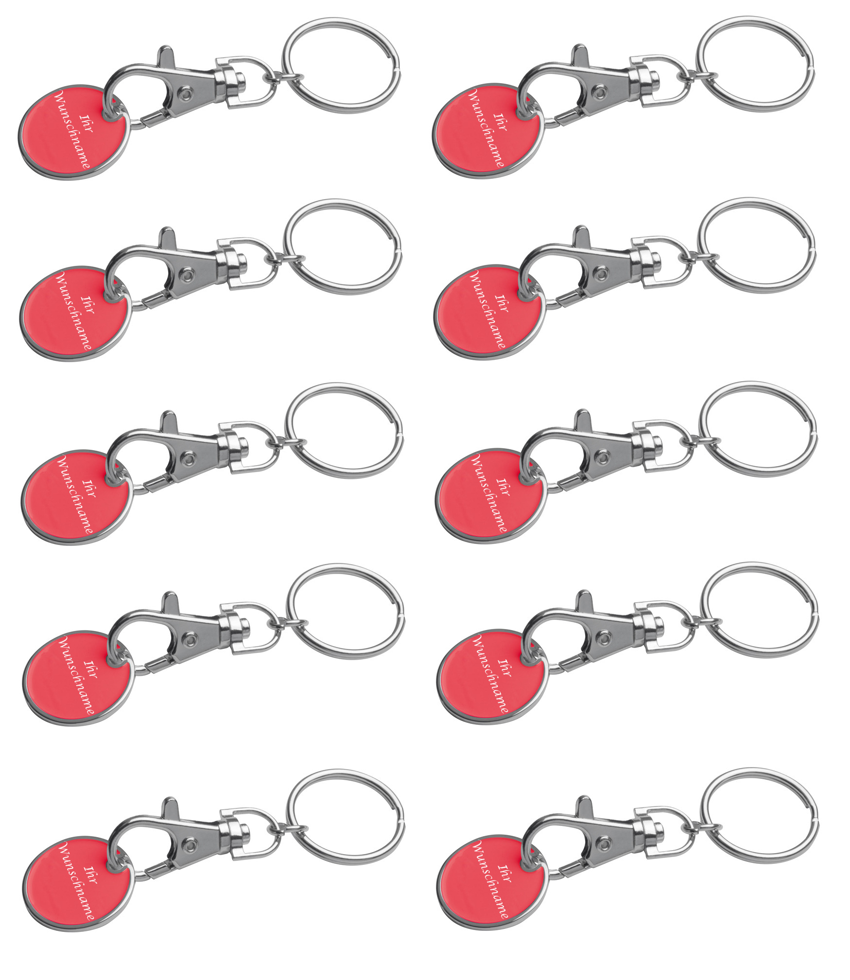 10x Metall Schlüsselanhänger mit Gravur / mit Einkaufschip / Farbe: rot