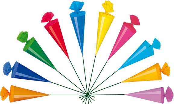 10 Deko Schultüten / Länge: 12cm / 10 verschiedene Farben / mit Drahtstiel