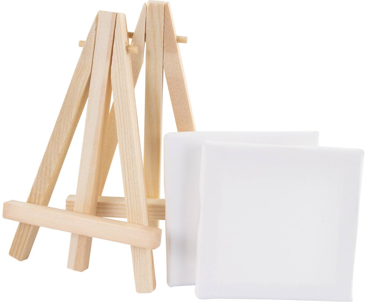 10x Mini-Staffelei mit 10 Leinwände 7x7 cm / Keilrahmen