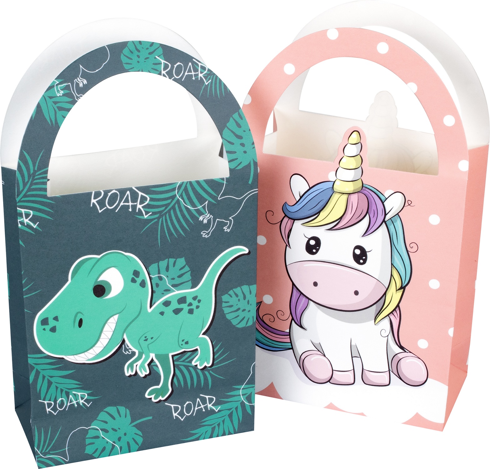 8 Tragetaschen aus Papier / 22 x 12 cm / Geschenkbeutel / je 4x Dino und Einhorn