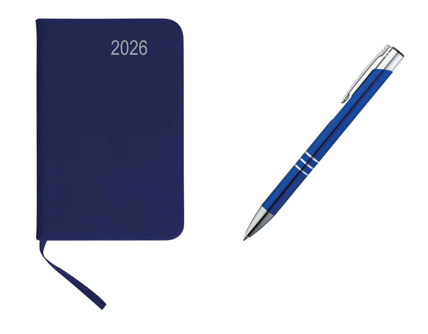 Taschenkalender 2026 / ca A7 / PU Einband / Farbe: blau + Metall Kugelschreiber