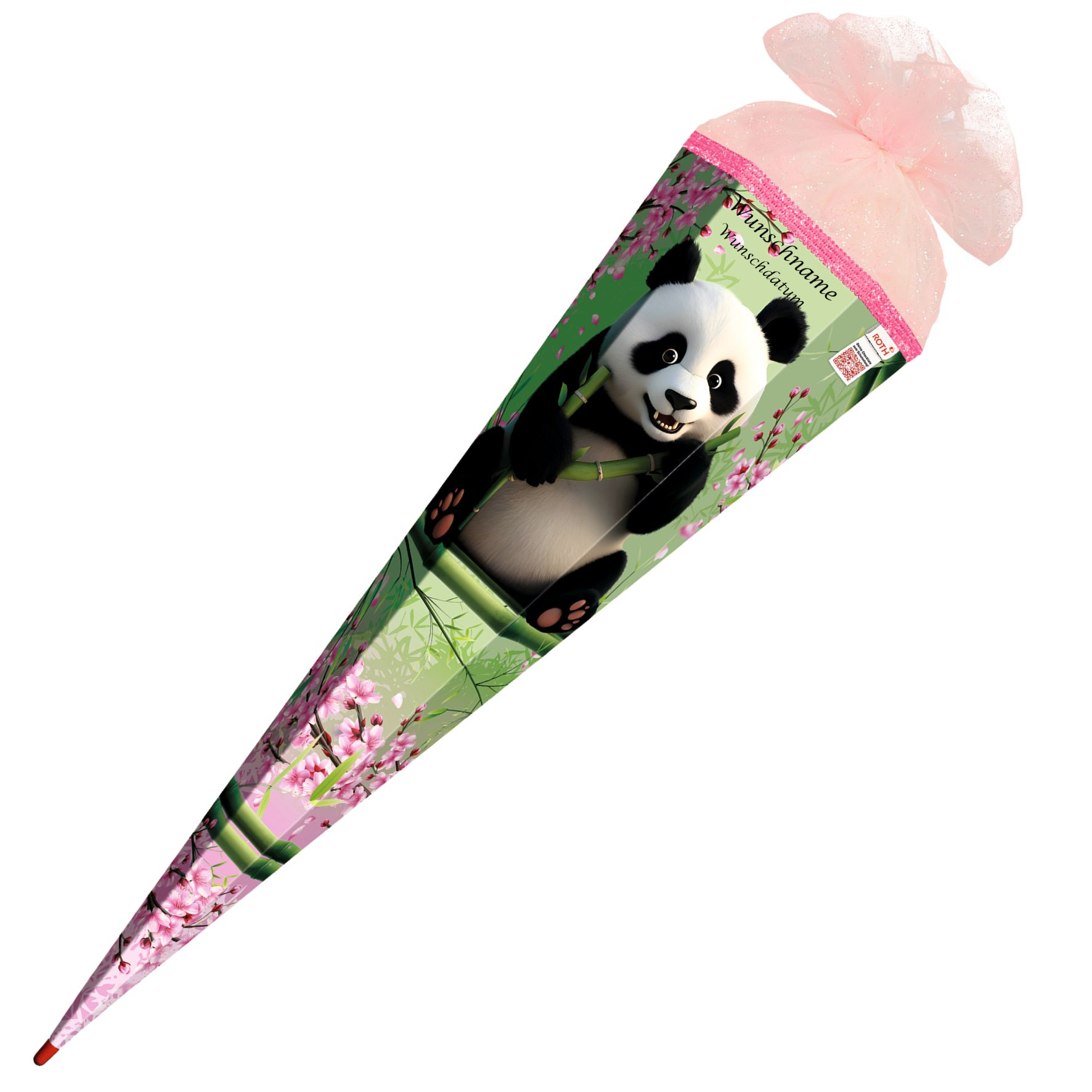 Schultüte mit Gravur / Zuckertüte / 85cm / eckig / mit Glitzerborte / "Panda"