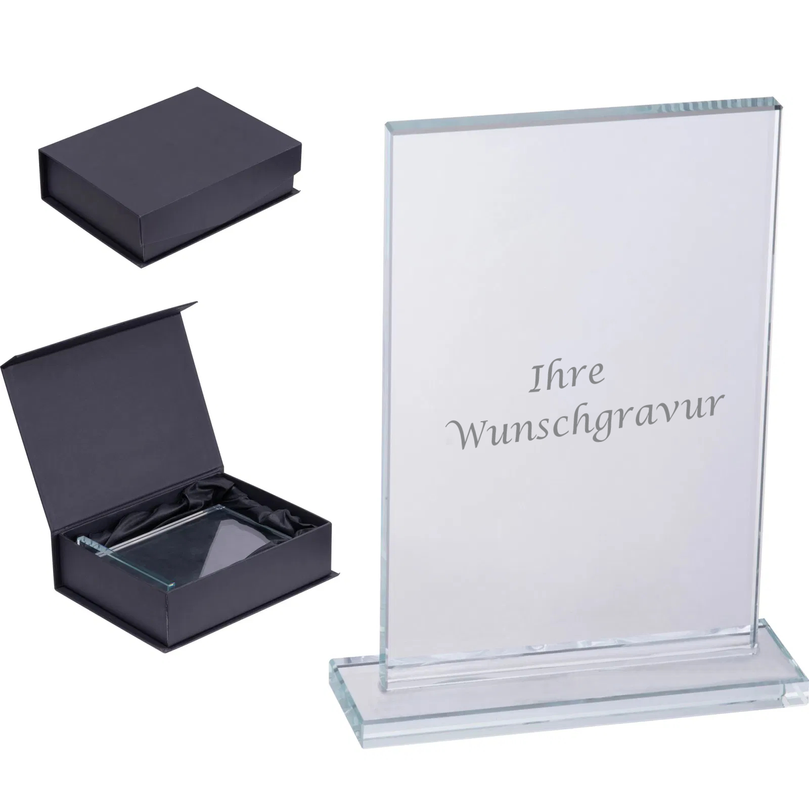 Glastrophäe mit Gravur / Pokal / mit standfestem Sockel