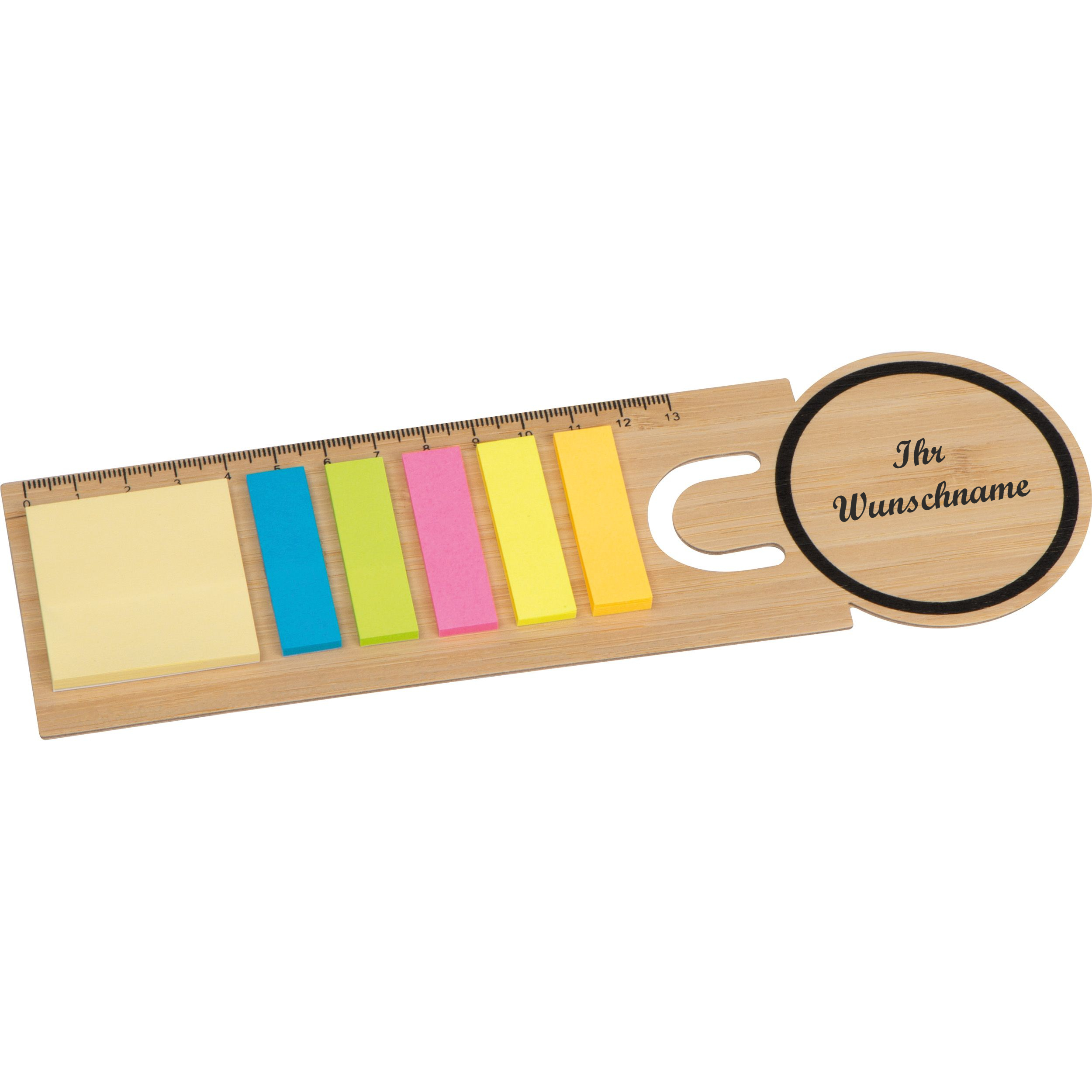 Lesezeichen mit Haftnotizen und aufgedruckten Lineal mit Namensgravur