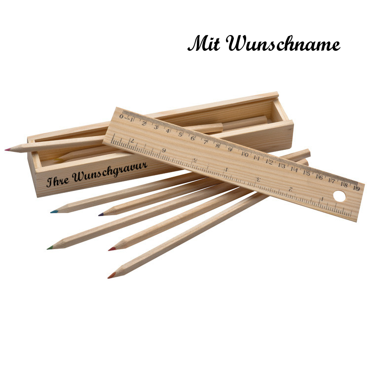 Holzbox mit Namensgravur - mit 8 Buntstifte - Deckel mit Lineal - naturbelassen