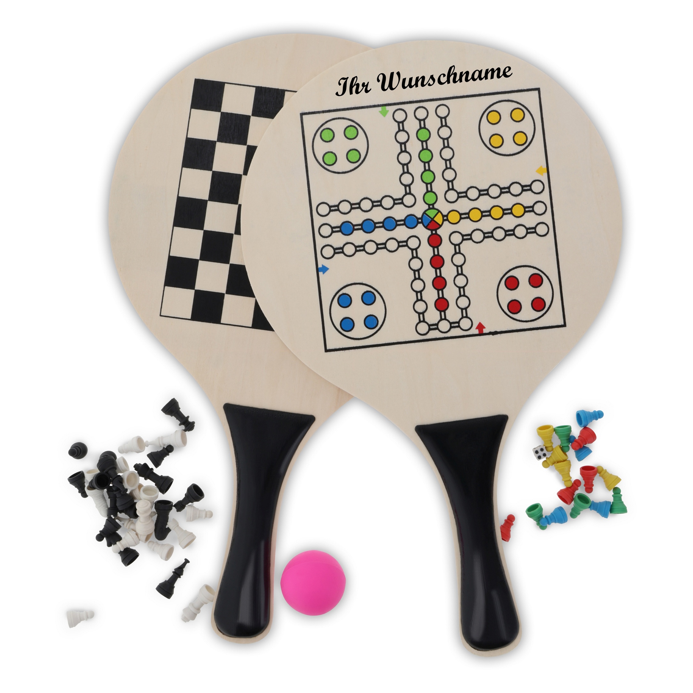 Beachball Set mit aufgedrucktem Ludo und Schachspiel mit Namensgravur